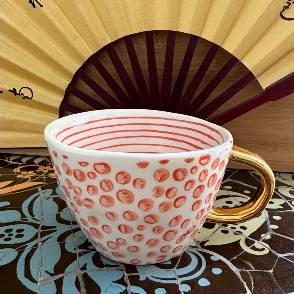 PAPER SOURCE CERAMIC Polka Dot Teacup with Gold Handle.